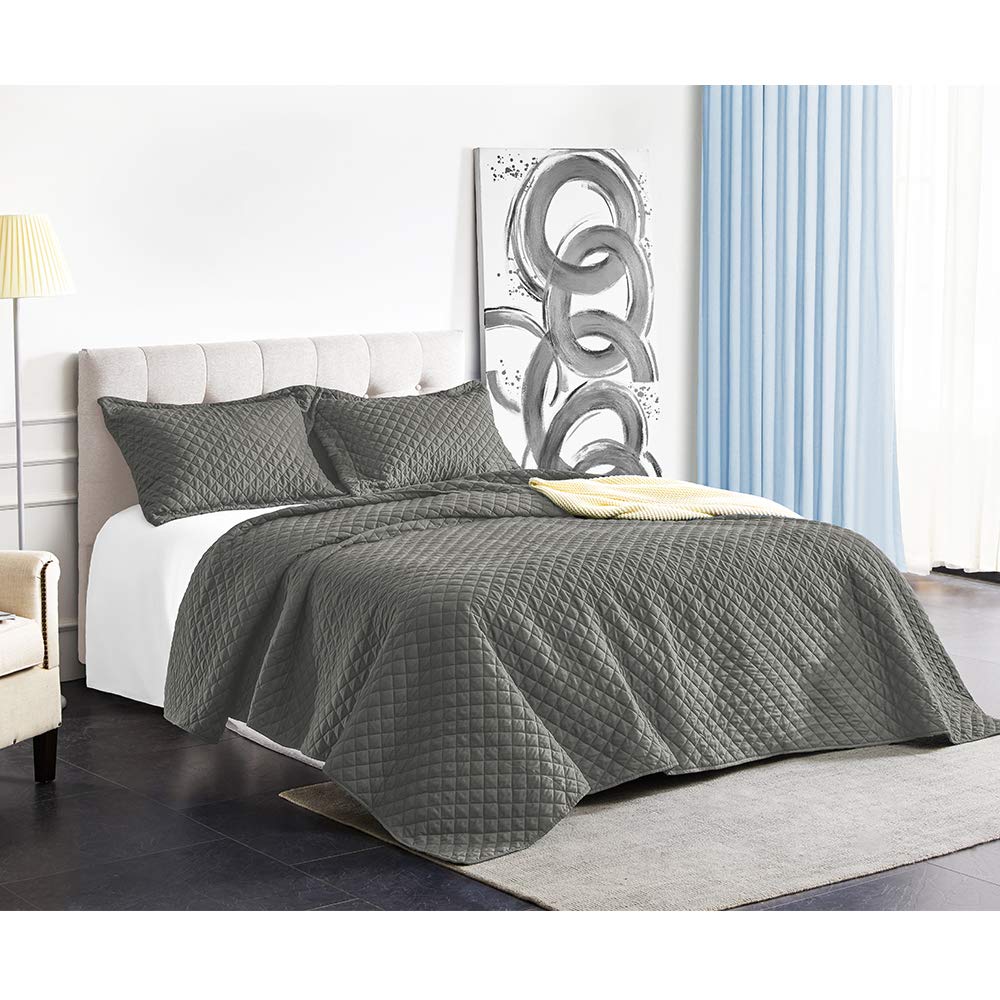 SunStyle Home Quilt Set Queen Grey Bedspread, Lightweight Bedding Quilt, Comforter Bedding Cover, Microfiber Quilted Coverlet Fits 90''x96'' Bed, 3pcs Quilt Set(1 Quilt, 2 Pillow Shames)