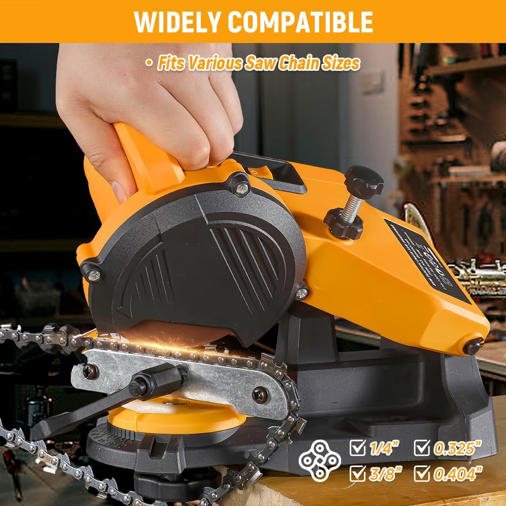 Hoteche 85W Electric Chainsaw Sharpener | 5500RPM, 23mm Bore, 108mmx3.2mm Grinding Disc, 35° Angle, Complete Accessories
