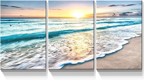 Denozer - 3 paneles de lienzo de océano para decoración del hogar, mar azul, puesta de sol, playa, pintura blanca, impresión en lienzo, decoración