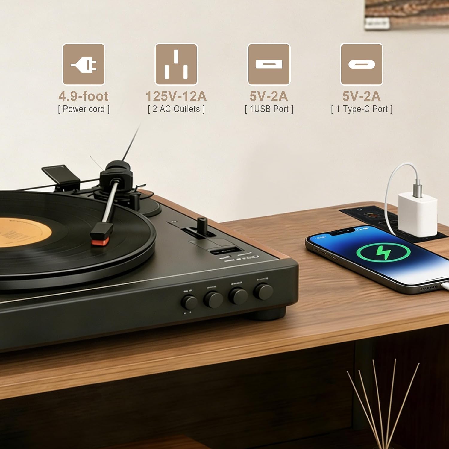 Modern Record Player Stand with Storage – 23.6" W Solid Wood Vinyl Record Table for 150+ Vinyl Albums, Ideal for Living Room & Office(Walnut)
