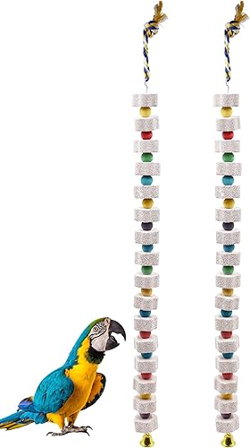 Miniatura 7 de Paquete de 2 juguetes grandes para masticar pájaros, piedra de calcio con campanas, accesorios de jaula de pájaros, juguetes de jaula para cacatas,