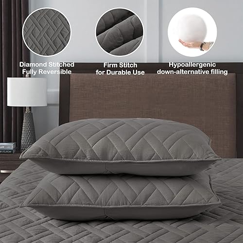 Miniatura 4 de HORIMOTE HOME Juego de edredón de tamaño King, color gris, patrón geométrico clásico con costuras de diamante, colcha de microfibra ultrasuave y