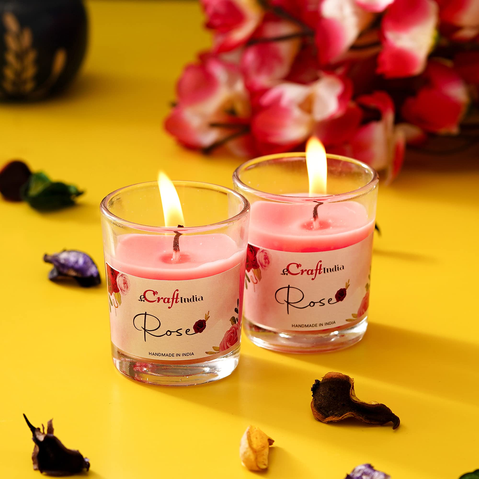 eCraftIndia Set of 2 Glass Rose Scented Candles for Home Decor | Candles for Diwali Christmas Birthday Valentine's Day | Scented Candles Gift Set | Diwali Decoration Items for Home Decor-image-47