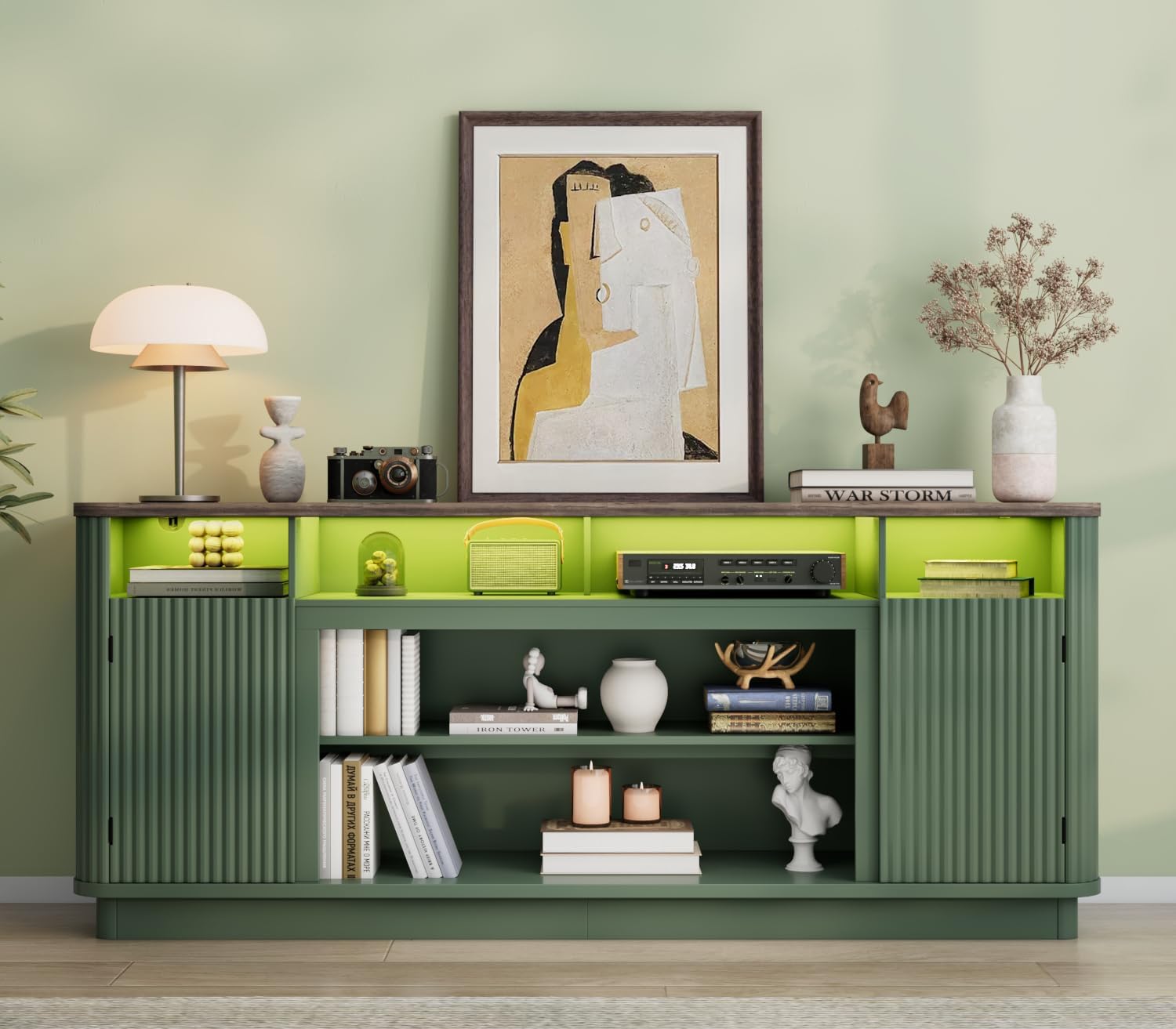 70" Fluted TV Stand for TVs Up to 80 inch Modern Entertainment Center Wood Media Console w/Power Outlets and LED Lights, Adjustable Shelves for Living Room,Green