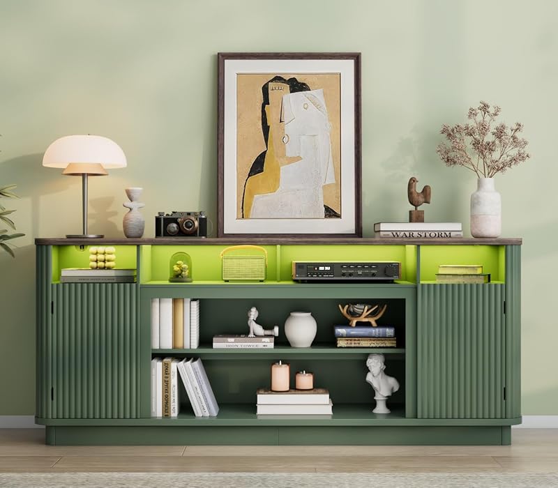 70" Fluted TV Stand for TVs Up to 80 inch Modern Entertainment Center Wood Media Console w/Power Outlets and LED Lights, Adjustable Shelves for Living Room,Green image 3