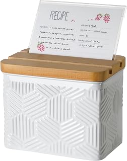 Hexagon Stripe Embossed Recipe Box with 4x6 Cards and Dividers | Recipe Card Box Set, White Metal Recipe Holder for Kitchen Counter with Wooden Grooved Lid