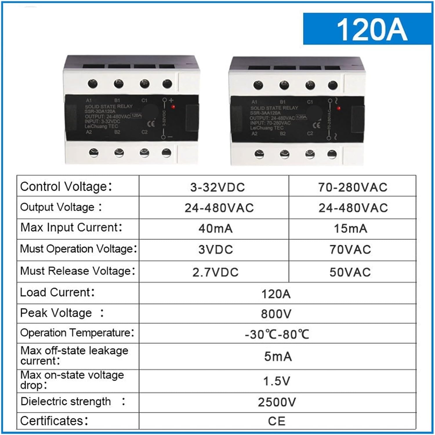 3 Phase Solid State Relay 10A 25A 40A 60A 80A 100A 120A DC Control AC AC Control AC Three Phase Control Relay 3-32VDC(120A)