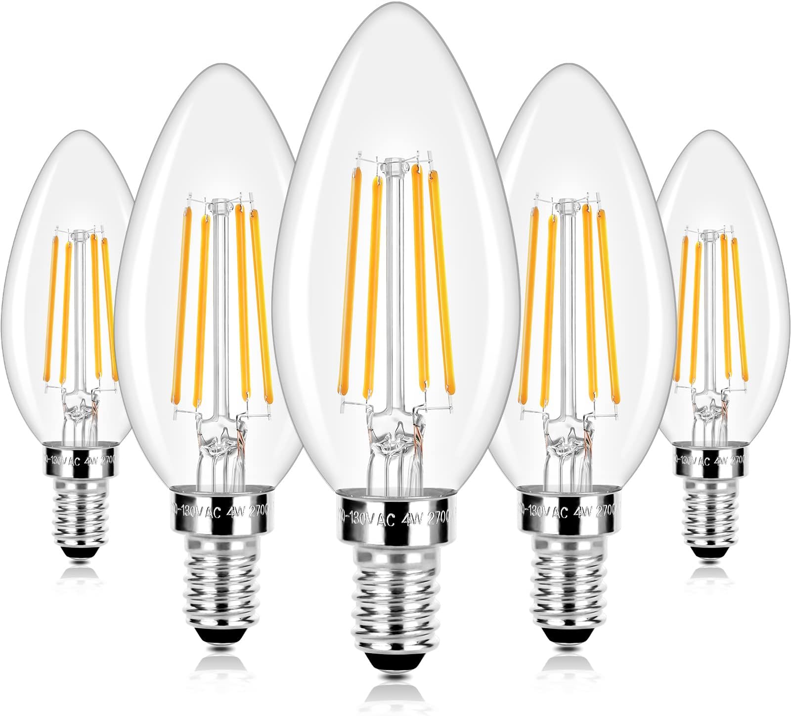E12 LED Candelabra Bulbs 40 Watt Equivalent, 4W Vintage Candle Light Bulbs Dimmable, 470Lm Warm White 2700K B11 Edison Bulb, Filament Clear Glass Lamp Bulb for Chandelier Ceiling Fan (5 Packs)
