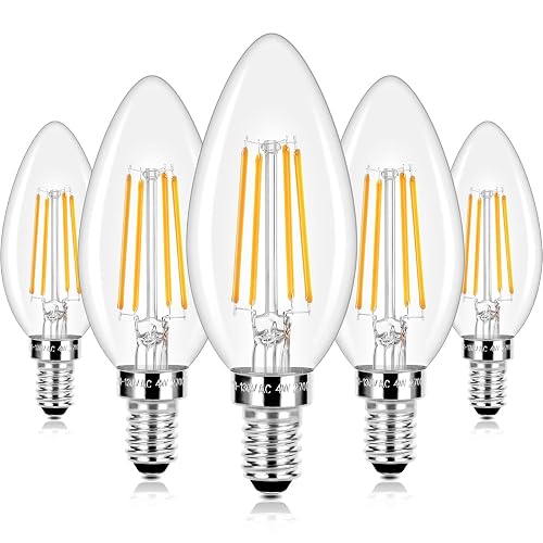E12 LED Candelabra Bulbs 40 Watt Equivalent, 4W Vintage Candle Light Bulbs Dimmable, 470Lm Warm White 2700K B10 Edison Bulb, Filament Clear Glass Lamp Bulb for Chandelier Ceiling Fan (5 Packs)