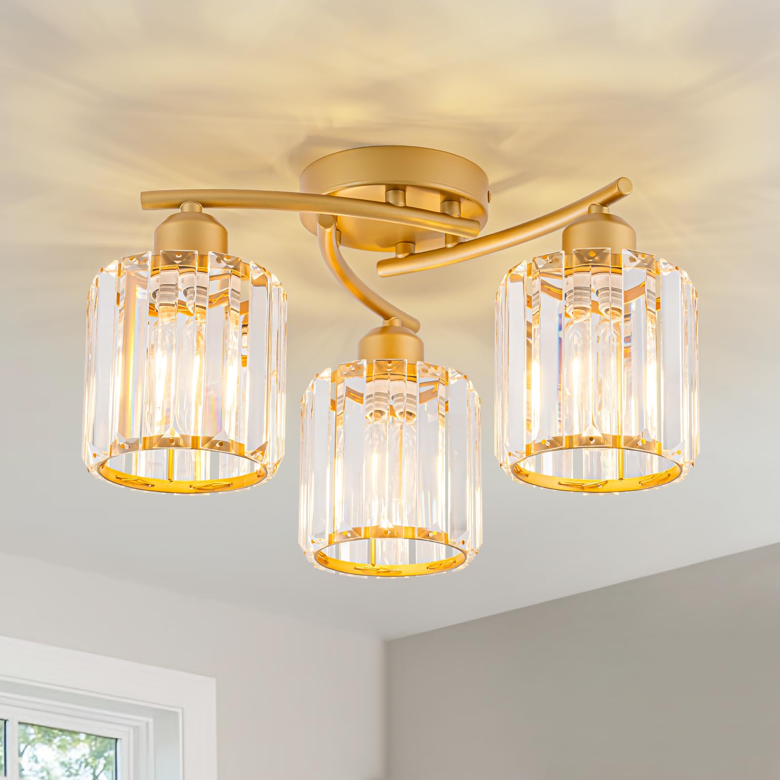 Deckenleuchte Kristall, 3 FlammigDeckenlampe mit Glas Lampenschirm, Gold