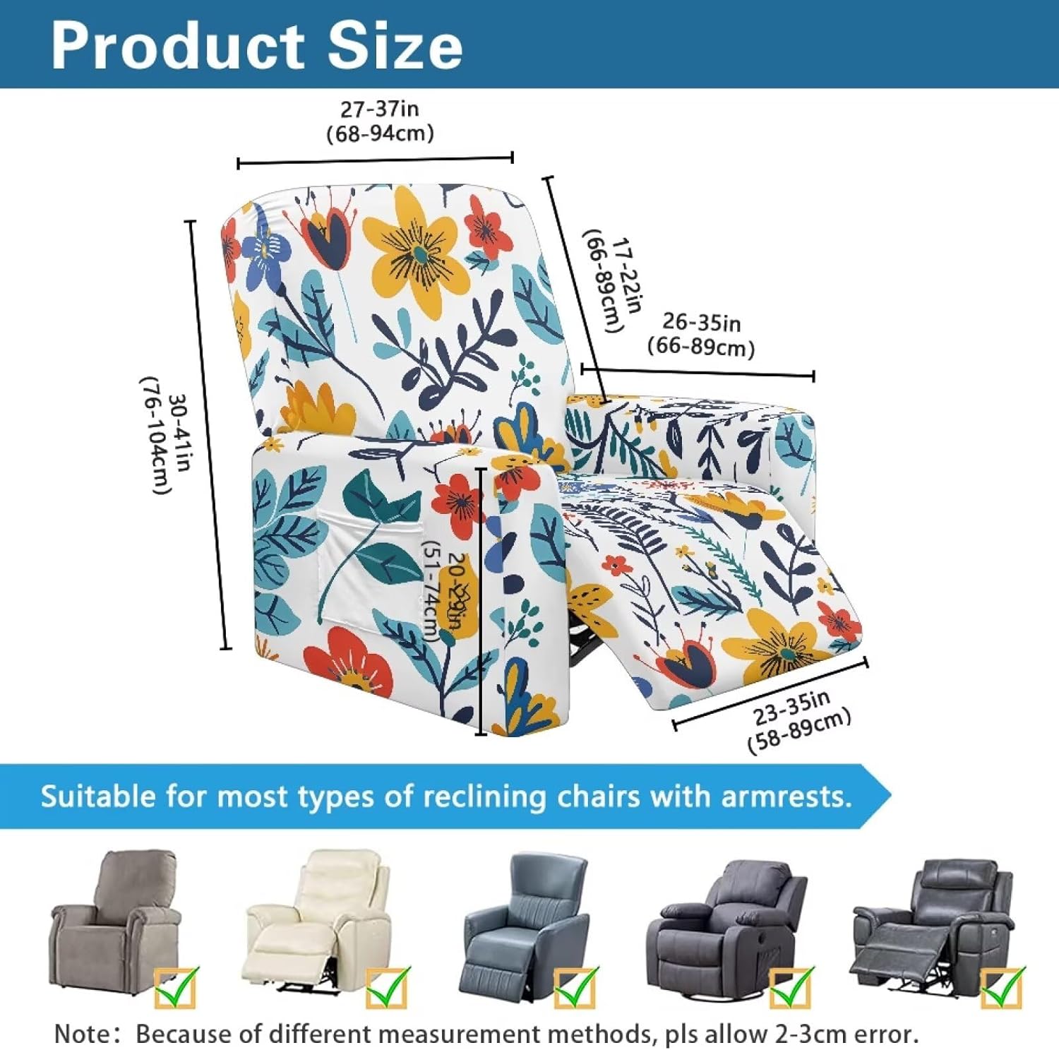 Reclining Chair Covers Slipcover Recliner Floral Chair Slip Covers Chairs Cover Armchair White with Elastic Loops for Living Rooms Stylish