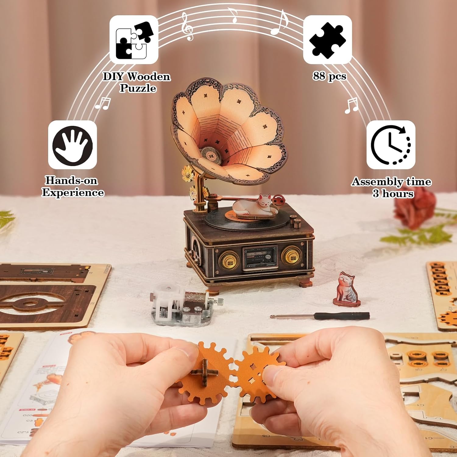 3D Puzzles for Adults, Wooden Cats Phonograph Music Box Handmade Model Kit DIY Crafts, 3D Wooden Music Box Puzzles Vintage Record Player for Home Decor Unique Gifts for Holidays Birthdays