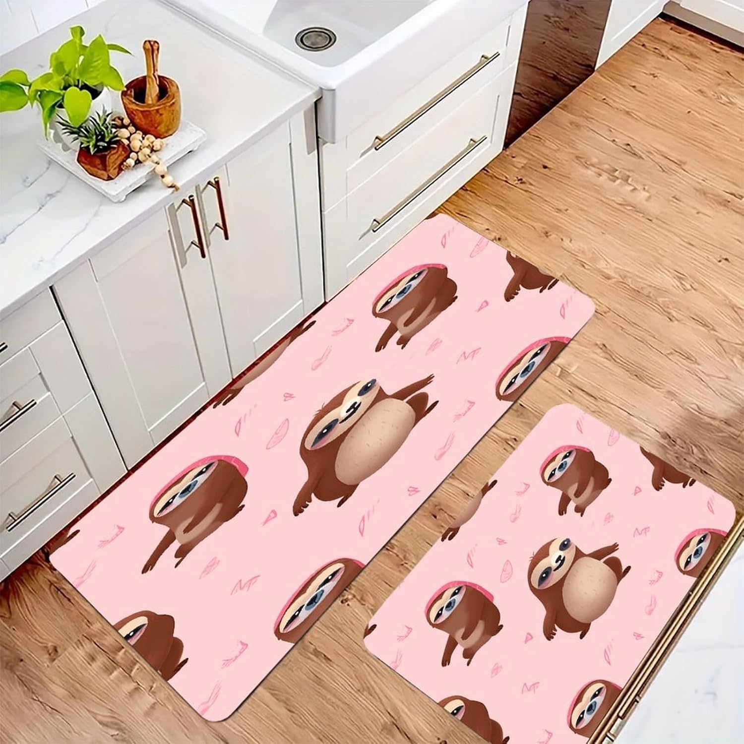 Sloth-Pink Kitchen Mat Kitchen Rug Set | Kitchen Rugs Flannel Velvety Washable breathable Water Absorbent Soft ，kitchen utensils for Kitchen, Floor,Laundry