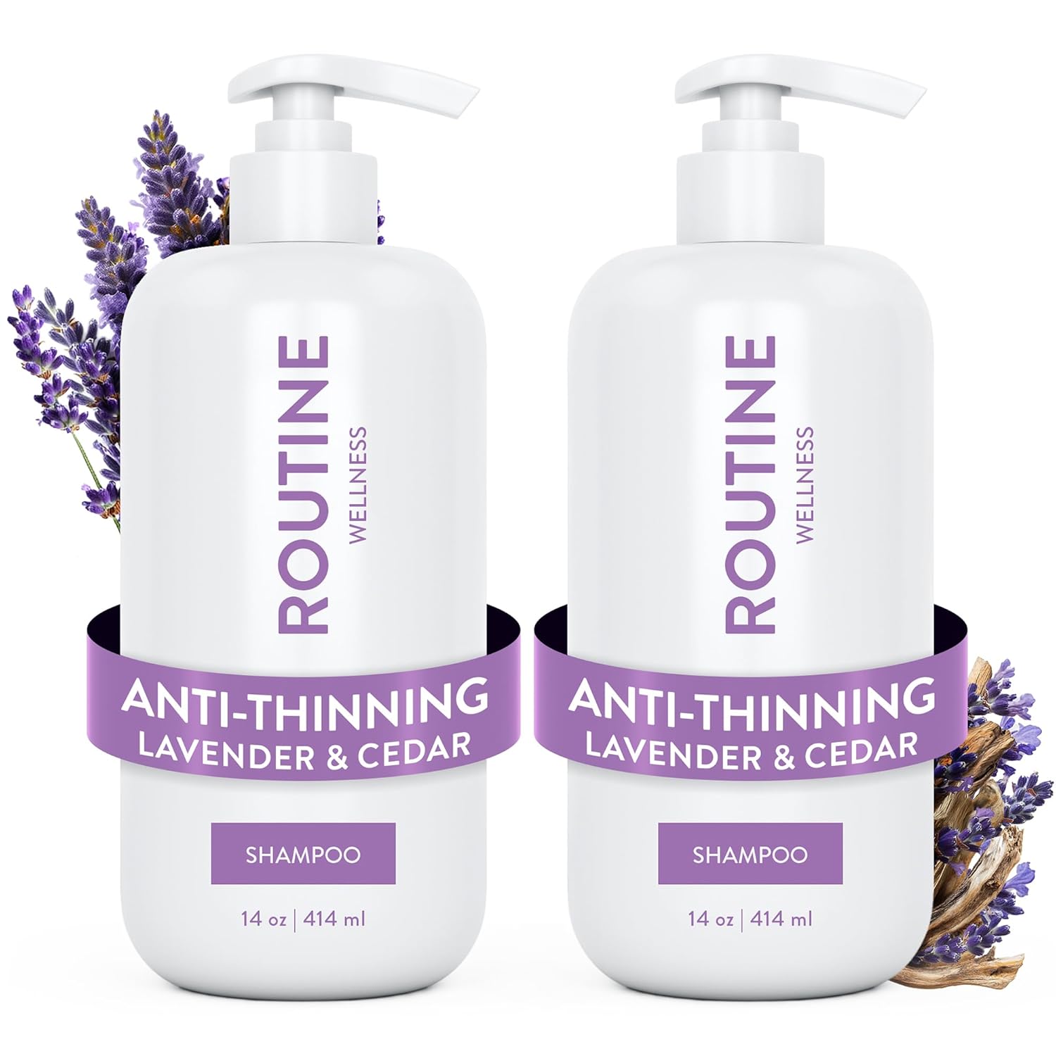 Routine Wellness Anti-Thinning Shampoo for Thinning Hair – Biotin DHT Blocker Women & Men – Color Safe Shampoo for Hair Loss & Healthy Hair – Lavender & Cedar 14oz (Pack of 2)