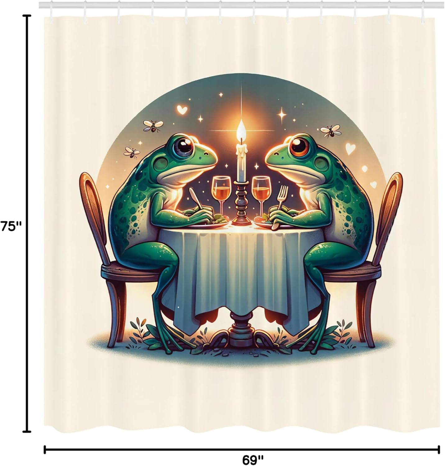 Ambesonne Frog Shower Curtain, Valentine's Day Croaker Couple Enjoying a Romantic Dinner Art Whimsical, Cloth Fabric Bathroom Decor Set with Hooks, 69" W x 75" L, Fern Green White Brown