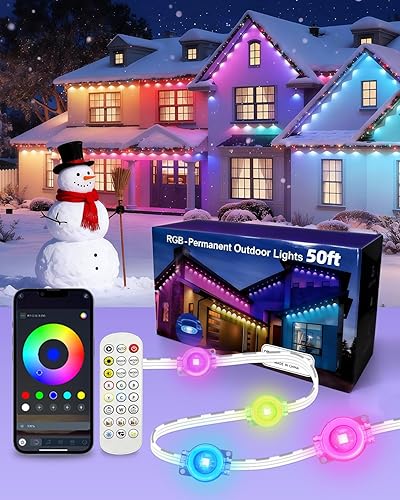 Miniatura 10 de oneup Luces de navidad permanentes para exteriores de 100 pies, luz de aleros RGB+IC con aplicación/control remoto, IP67 impermeable, 16M colores,