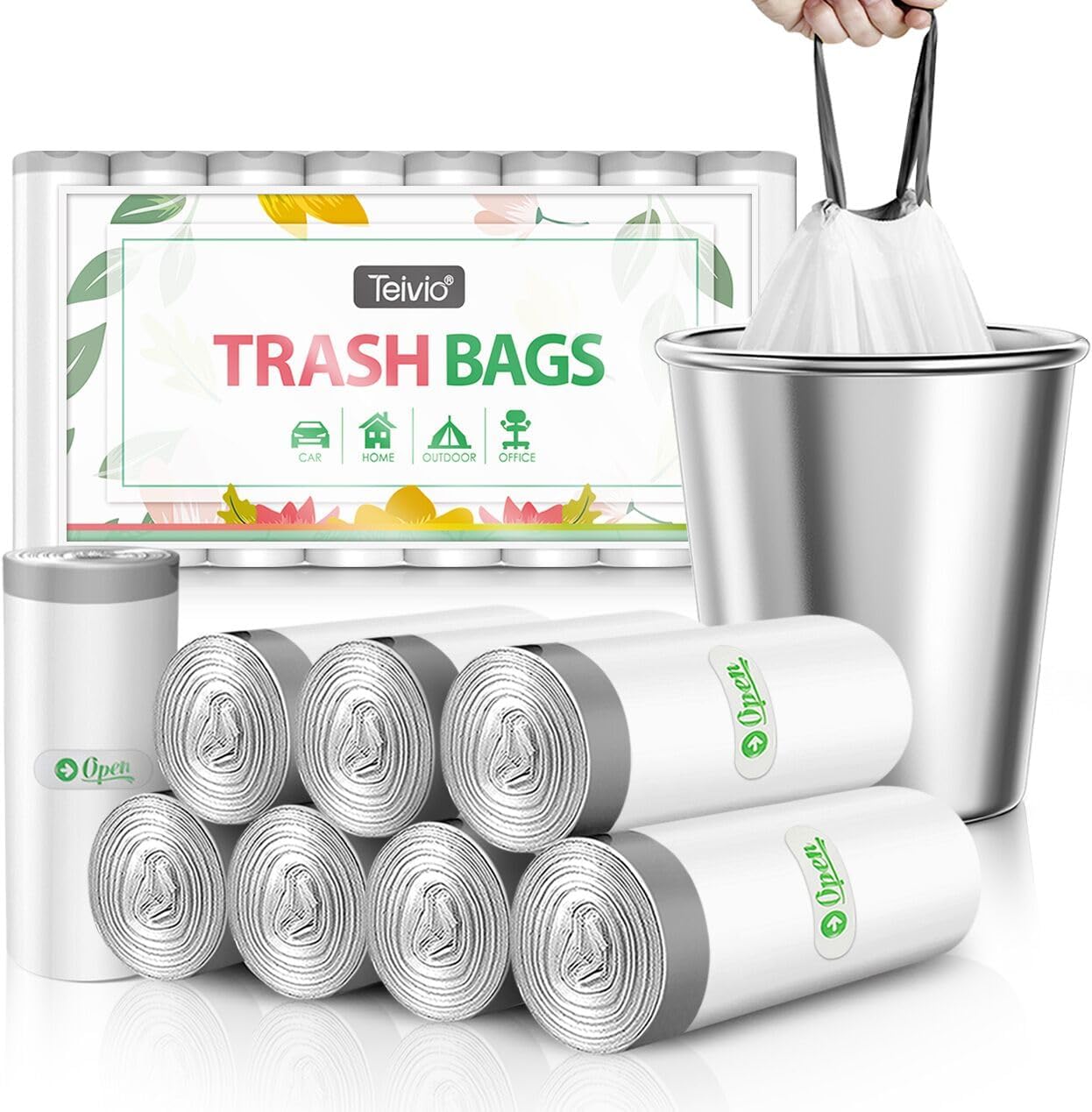 4 Gallon 160 Counts Strong Drawstring Trash Bags Garbage Bags by Teivio, Bathroom