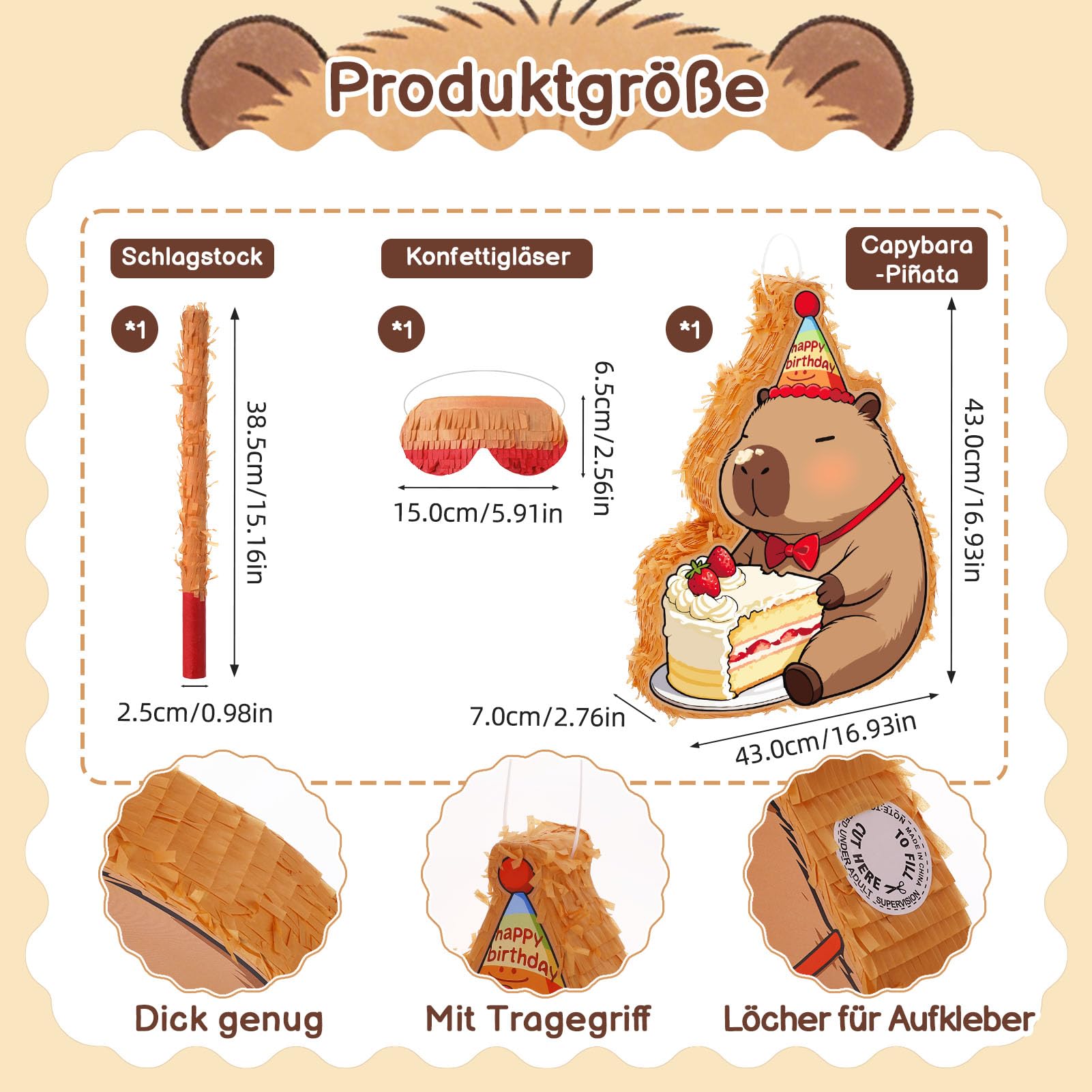 Pinata Geburtstag mit Stab & Maske, Capybara Pinata Set mit 96 Capybara Füllungen, Partypinata zum Aufhängen Befüllen, Piñata als Party Deko in 43x31x7 cm