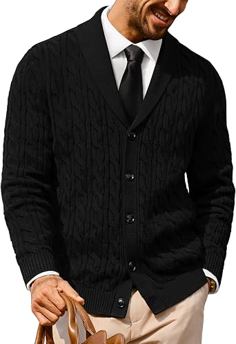PJ PAUL JONES Mens Cable Knit Cardigan Button Down Dress Sweaters | Shawl V-Neck Collar, Business Casual Style, Cozy Warm Knit, Soft Stretch Material, Fall Winter Layering, Classic Vintage Look