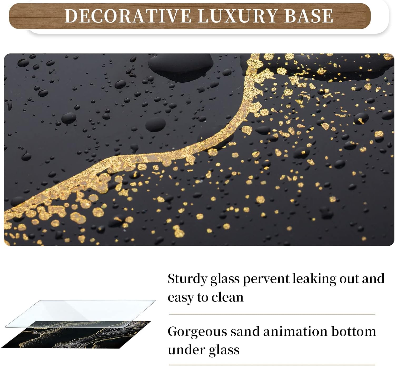 Hanobe Decorative Serving Tray Black: Coffee Table Tray with Handles for Ottoman Home Decor Modern Gold Rim Glass Drink Trays for Kitchen Counter Decanter Bar, Easy to Clean