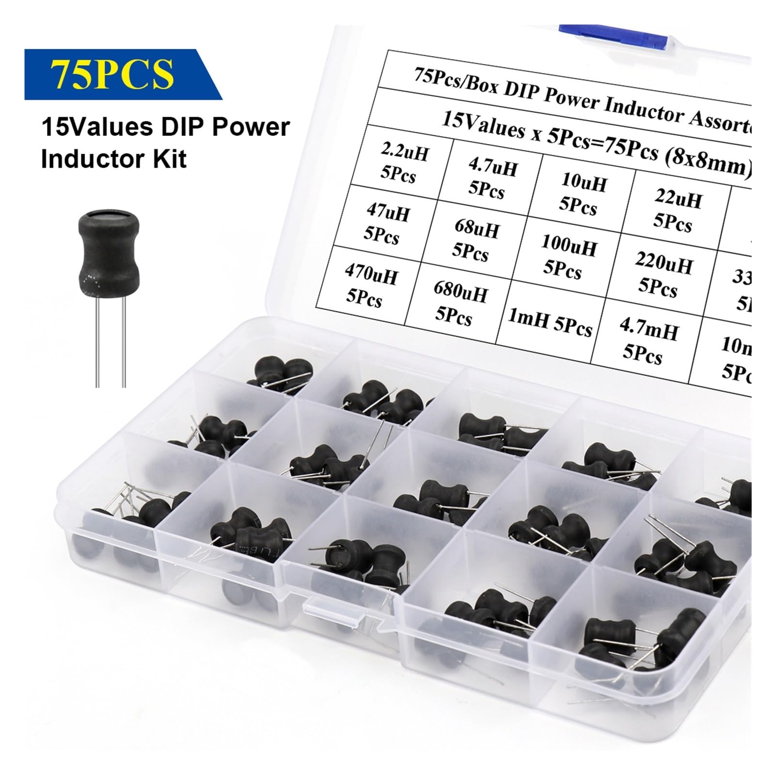 Caja de 75 Piezas Kit Surtido de inductores de Potencia Dip 15 valores X 5 Piezas = 75 Piezas Inductancia 8x10mm 2.2uH-10mH