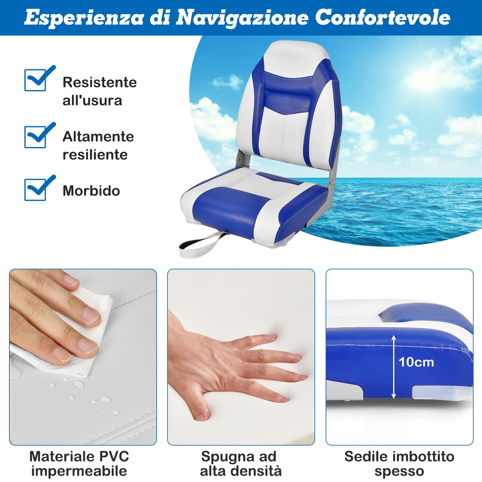 COSTWAY Sedia da Barca, Sedile da Barca Pieghevole con Morbido Cuscino Imbottito, Rivestimento in PVC Impermeabile, 44,5 x 51 x 61 cm (Blu, 2)
