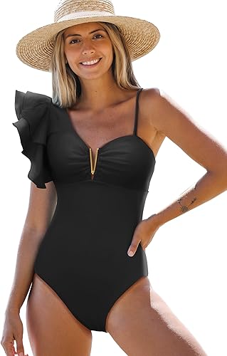 SPORLIKE Traje de baño de una pieza para mujer con volantes y un hombro acolchado Monokini