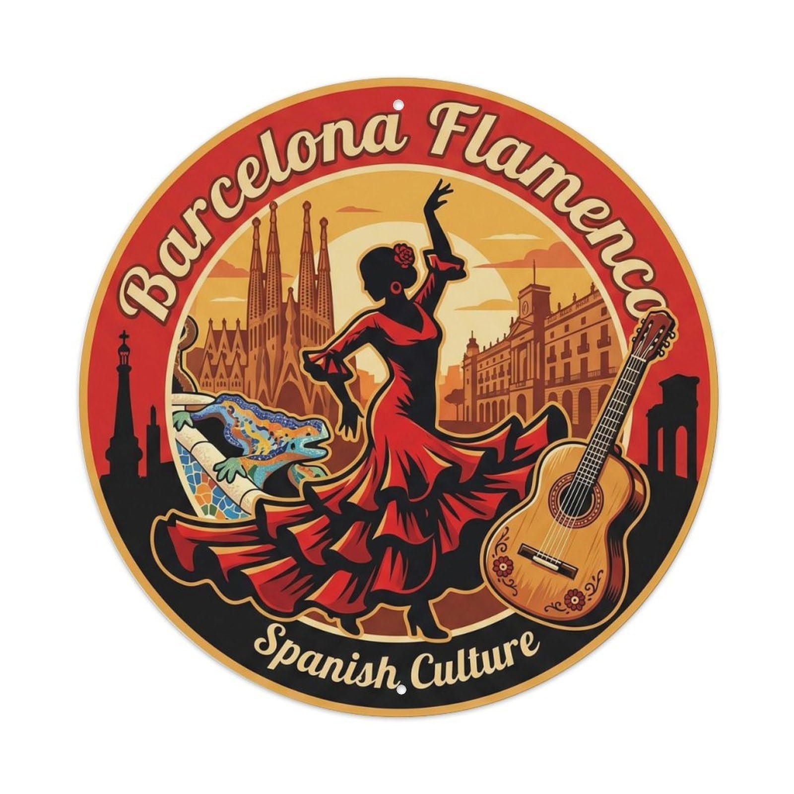 Classic Barcelona Spanish City Flamenco Scenic Landmark Metal Tin Sign Plaque Wall Decor for Cafe, Man Cave, Club Bar, Office, Home Garden Round Metal Poster 8x8Inch