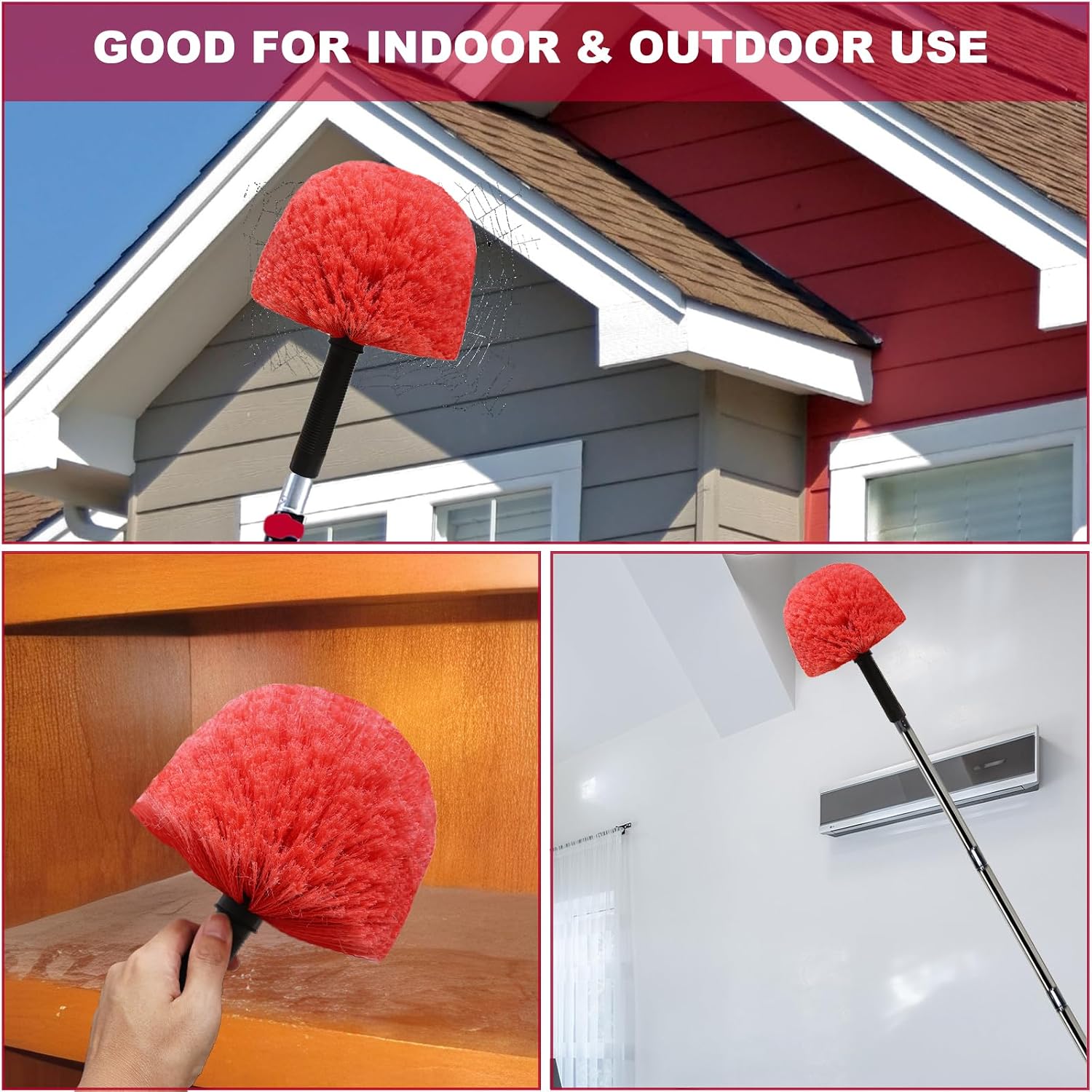 Twist-On Cobweb Duster Head Brush - Indoor & Outdoor Spider Web Cleaning Solution - Fits Standard Acme Threaded Poles - Durable & Versatile Spider Web Corner Cleaner Duster Brush Head Only - Red