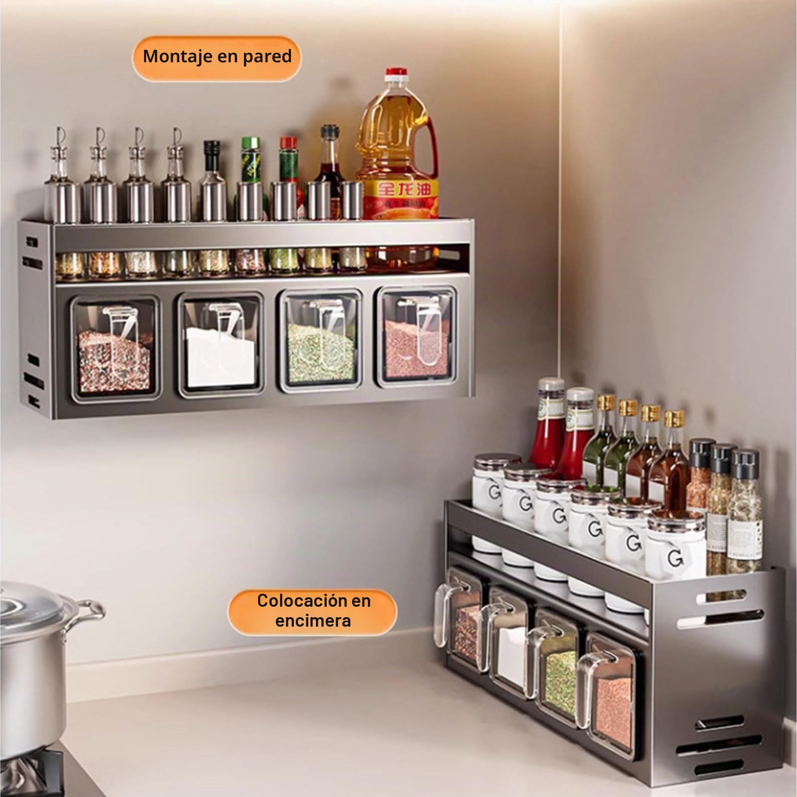 Estantería para especias con botes de especias, de pie y pared, tarros de especias con estante, soporte para especias/especias, organizador de especias para cocina, encimera, armario (con 5
