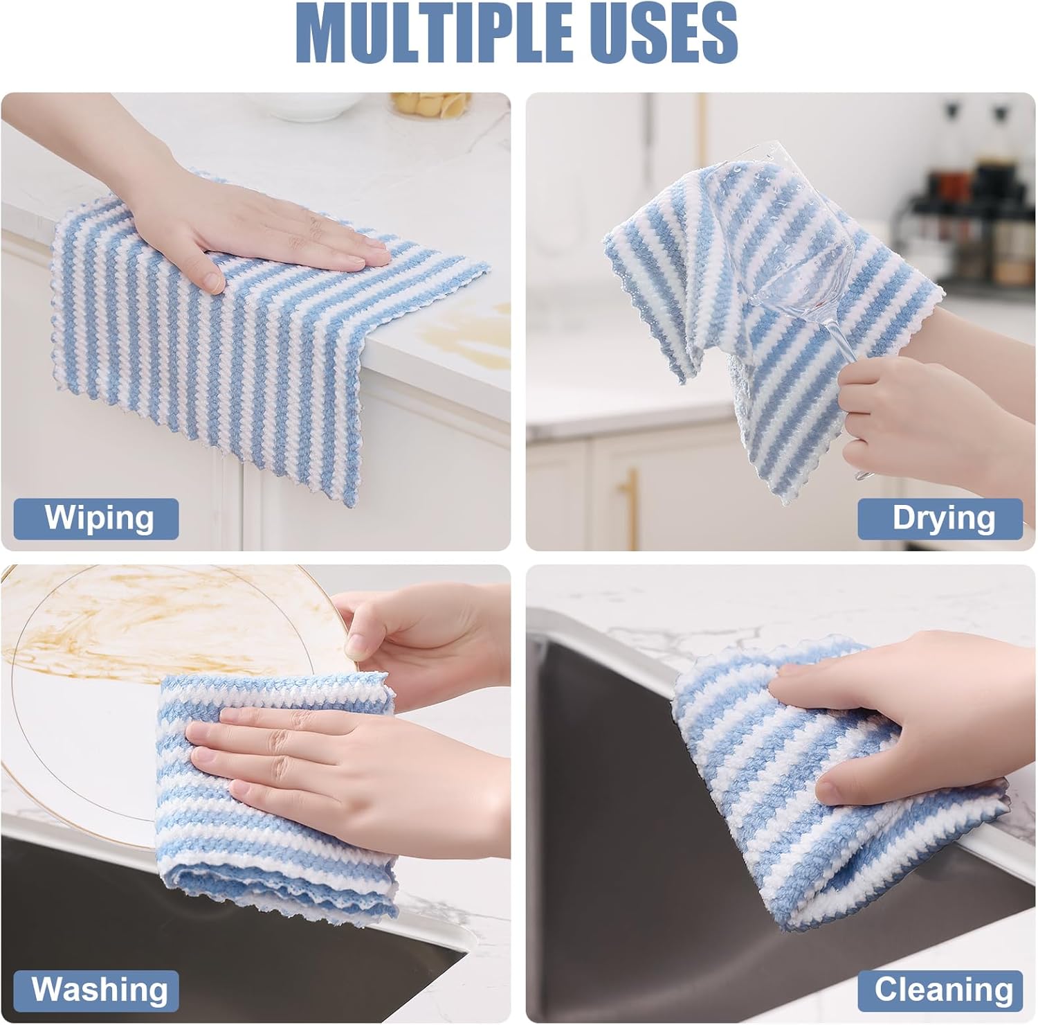 Homaxy 12 Pack Kitchen Dish Cloths, Ultra Soft and Absorbent Dish Towels, Reusable Fast Drying Microfiber Cleaning Cloth, Coral Velvet Wave Design No-lint, 10 x 10 inches, Blue - Image 4