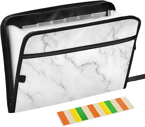 Carpeta expandible de mármol blanco y gris con etiquetas adhesivas, 13 bolsillos, carpeta de acordeón gris con cierre de cremallera, carpeta de