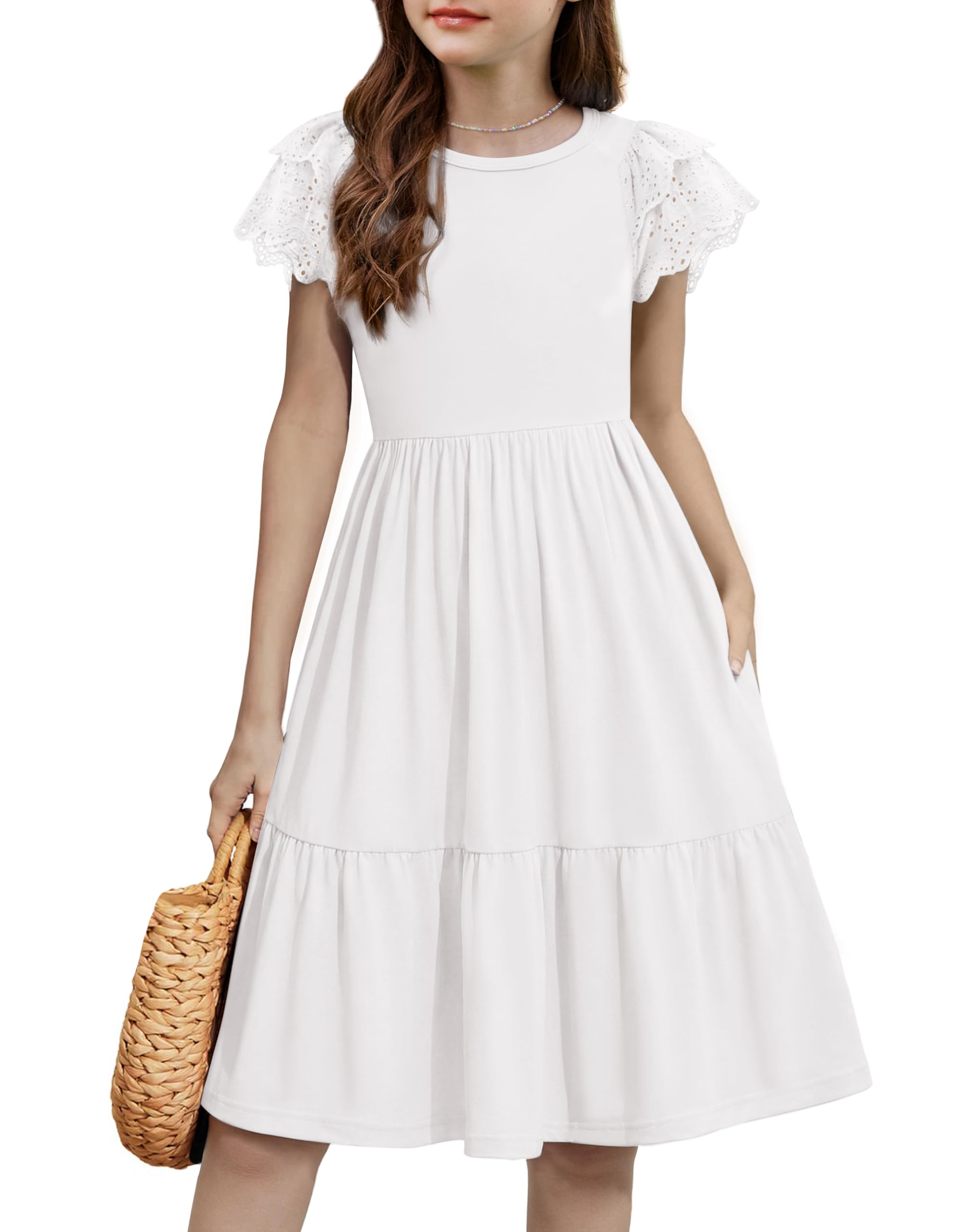 Arshiner Robe d'été en dentelle à manches courtes et col rond pour enfants, robe midi festive décontractée, robe de soirée tendance de couleur unie avec poche, 6 à 14 ans
