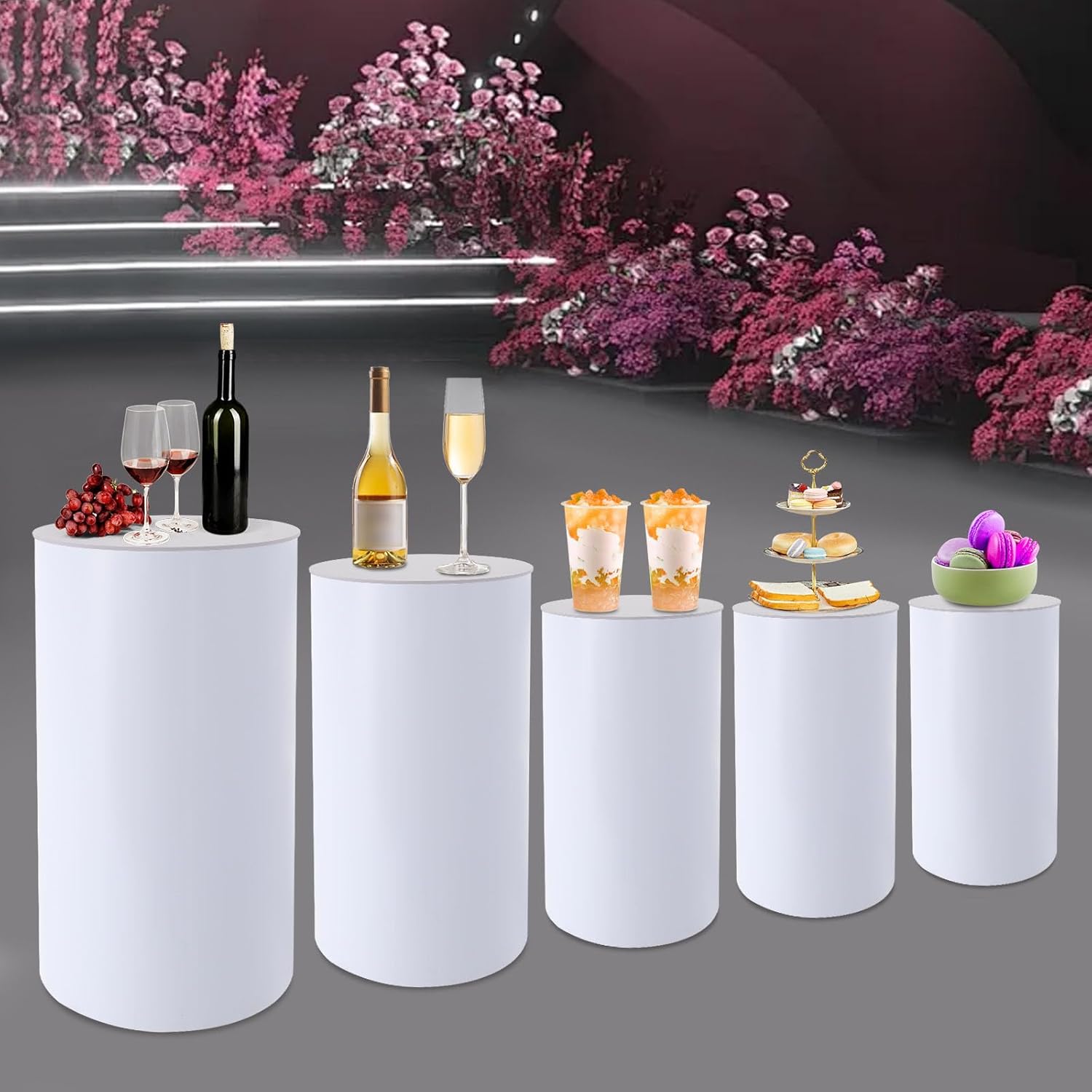 5 Pcs Cylinder Pedestal Stands White Cylinder Pedestal Display Stand Metal Dessert Table Display Pillars for Wedding, Birthday, Banquet, Anniversary Celebration Decoration (5 Pcs)