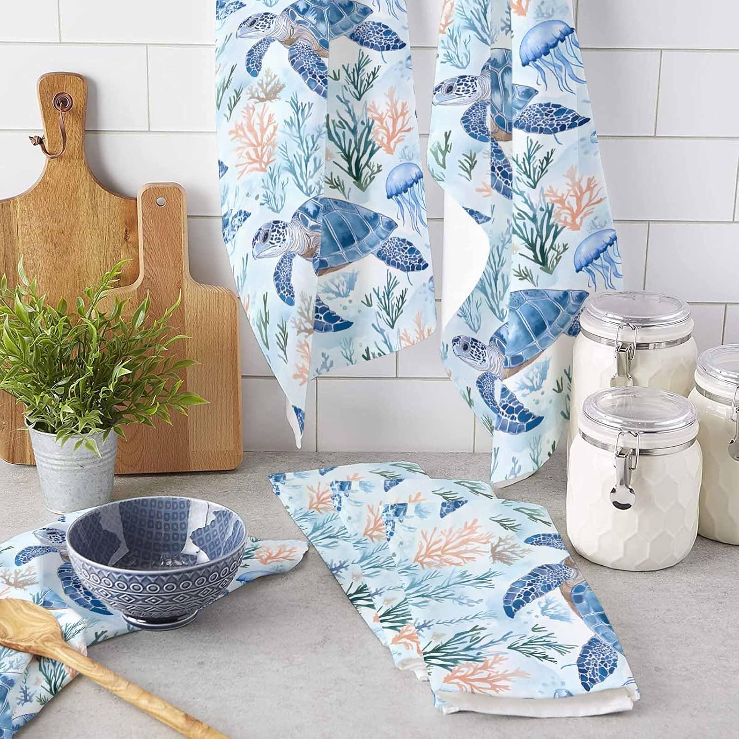 Kitchen Towel Tea Towels, Blue Sea Turtle Coral Jellyfish Dish Towels Absorbent Quick Drying Hand Towel Dish Cloths 2Pack, Summer Marine Life Soft Microfiber Dishcloth with Hanging Loop