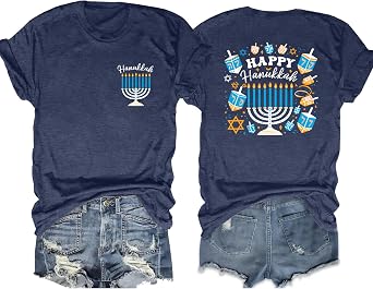 ELDPS Hanukkah Shirt Women Happy Hanukkah T-Shirt Chanukah Menorahs Graphic Tees Jewish Shirts Holiday Casual Tops