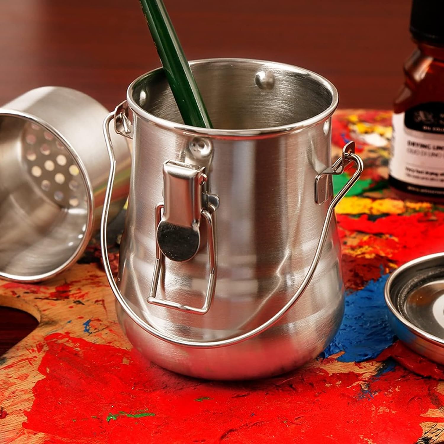 Oil Paint Brush Washer, Artist Brush Washer, Portable Stainless Steel Leak-Proof Paint Brush Washer with Lid and Filter Screen for Oil Painting, 3.9 Tall x 3.4 inch Diameter, Silver - Image 6