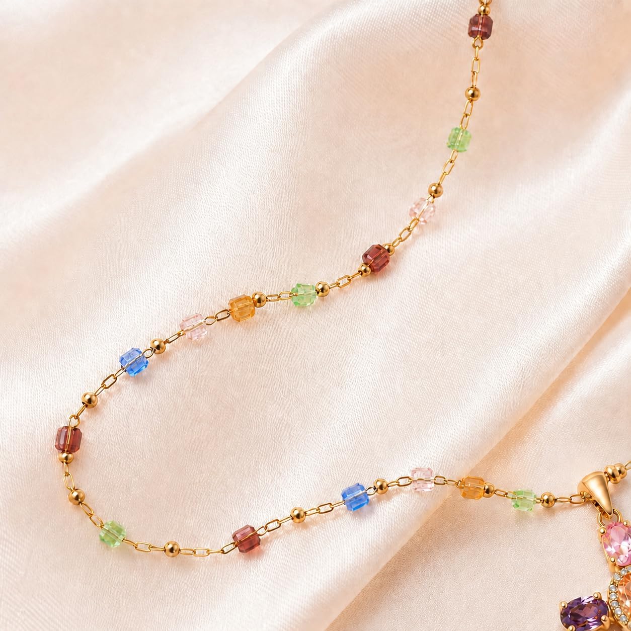 Colorful Gold Cross Necklace for Women, CZ Pendant with Beaded Chain