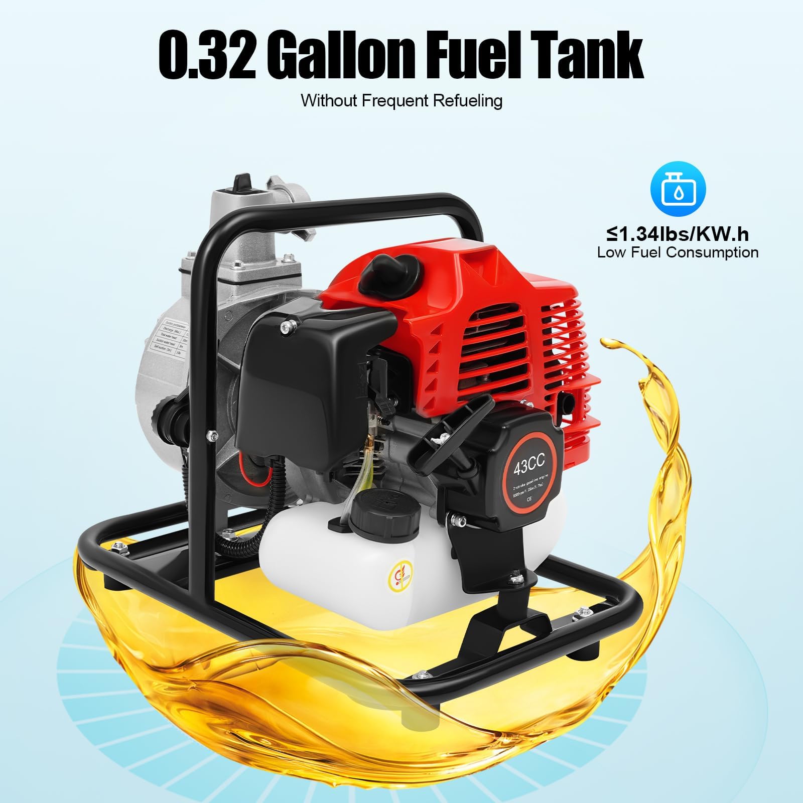 Bomba de Agua Gasolina, Motobomba de Agua a Gasolina, 1,25kW Bomba de Agua Sumergible, Motor 2 Tiempos, Motobomba para Riego y Jardín (Rojo/Negro)