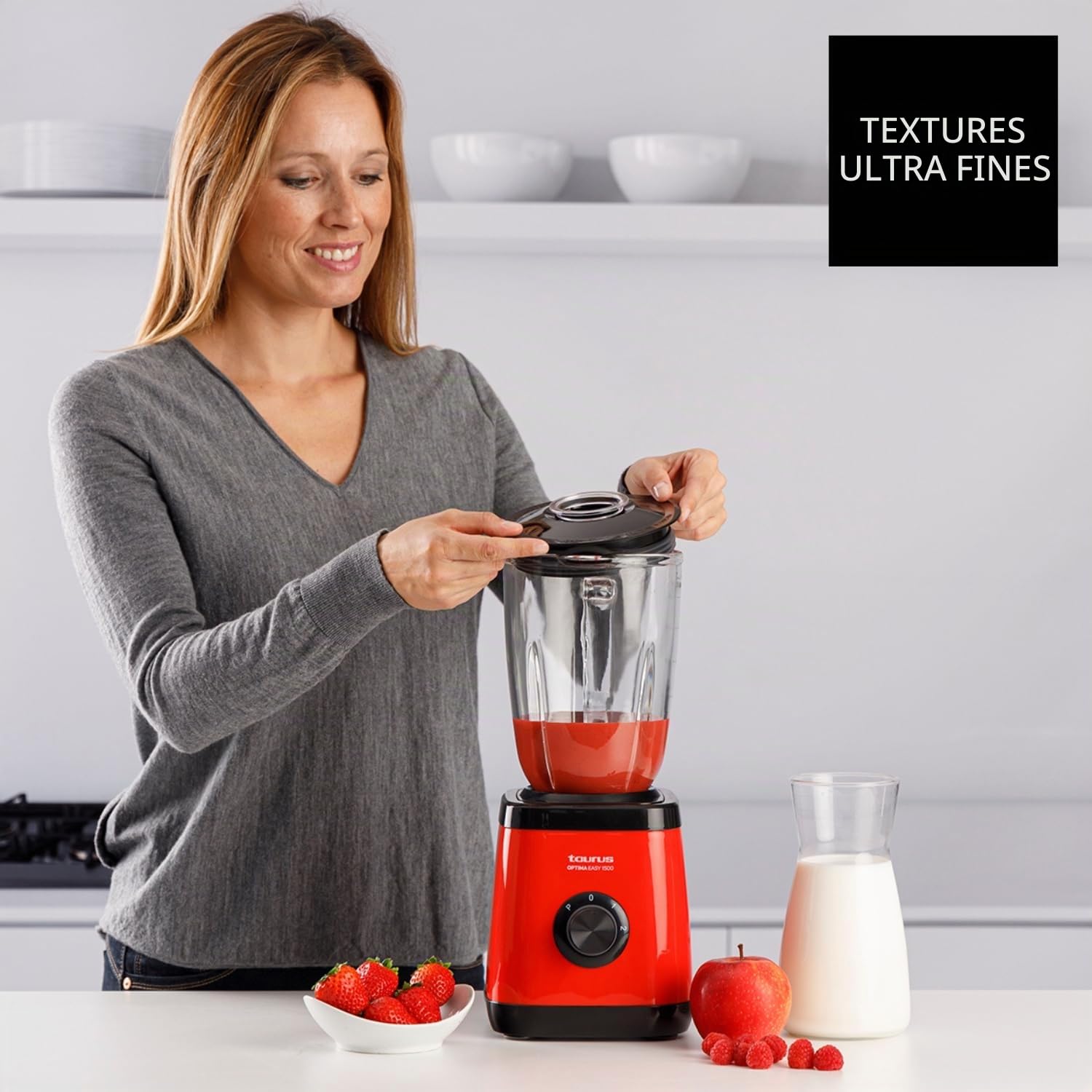Taurus Optima Easy Mixeur en verre 1 500 W avec bol en Tritan 1,5 l 2 vitesses + Turbo Lames à 4 tranchants Processeur alimentaire professionnel Blender mixeur smoothies et smoothies