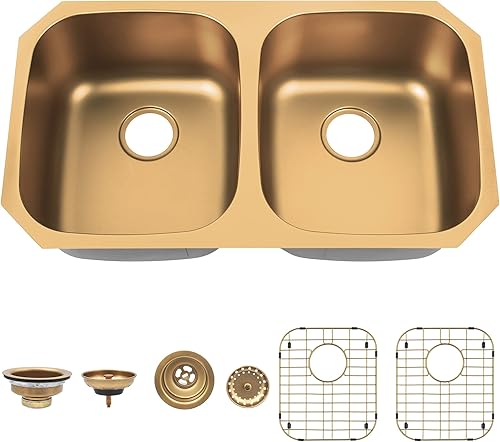 Vista 2 de LQS Fregadero de cocina dorado de 32 x 18 pulgadas, fregaderos de cocina empotrados, fregaderos de acero inoxidable de doble tazón 50/50