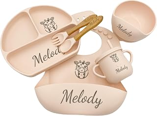 Personalized Name Food Grade 6pcs Baby Feeding Set with Spoon, Fork,Silicone Suction Bowls,Cup,Plate,and bib BPA Free - First Stage Self Feed
