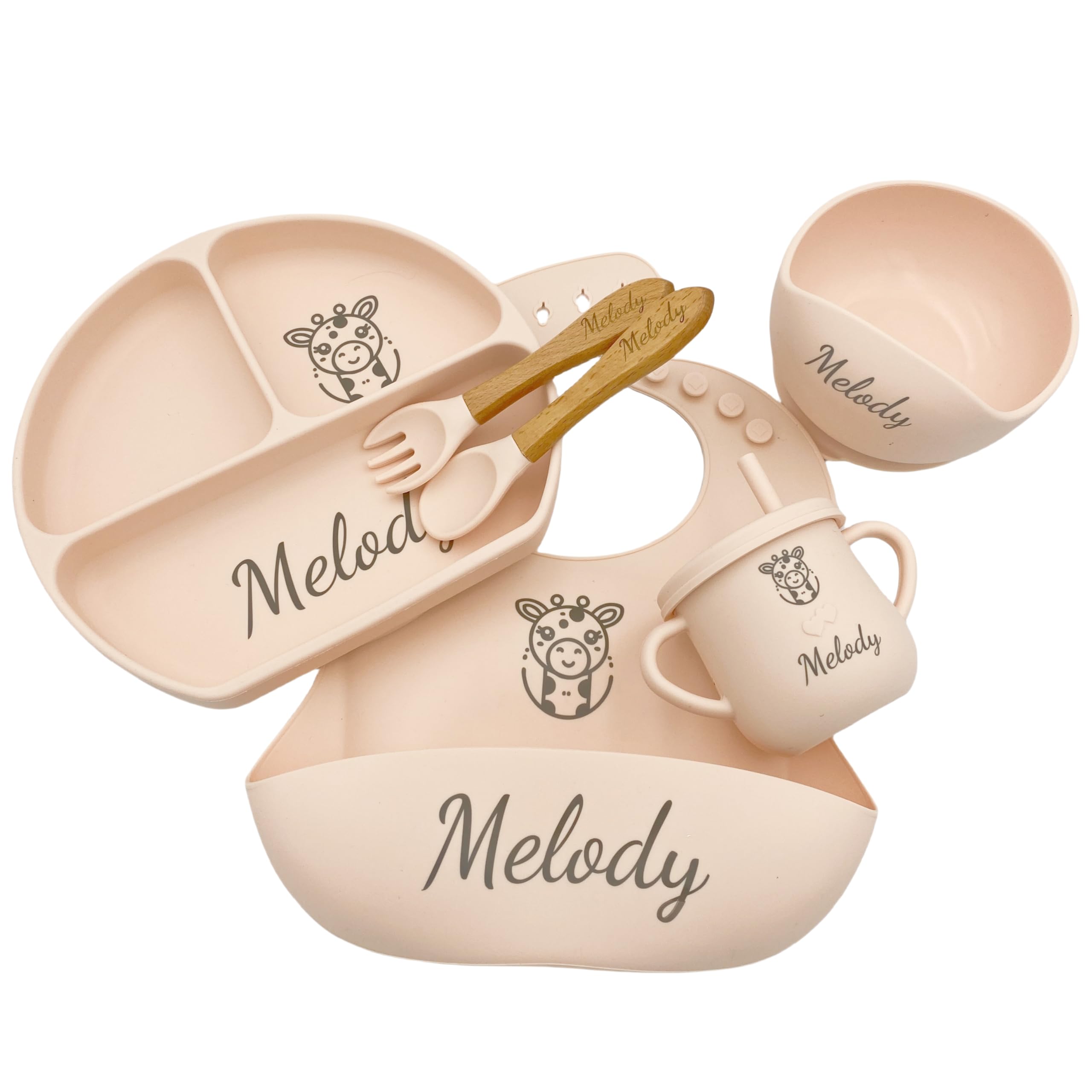 Personalized Name Food Grade 6pcs Baby Feeding Set with Spoon, Fork,Silicone Suction Bowls,Cup,Plate,and bib BPA Free - First Stage Self Feed (Color Y4)