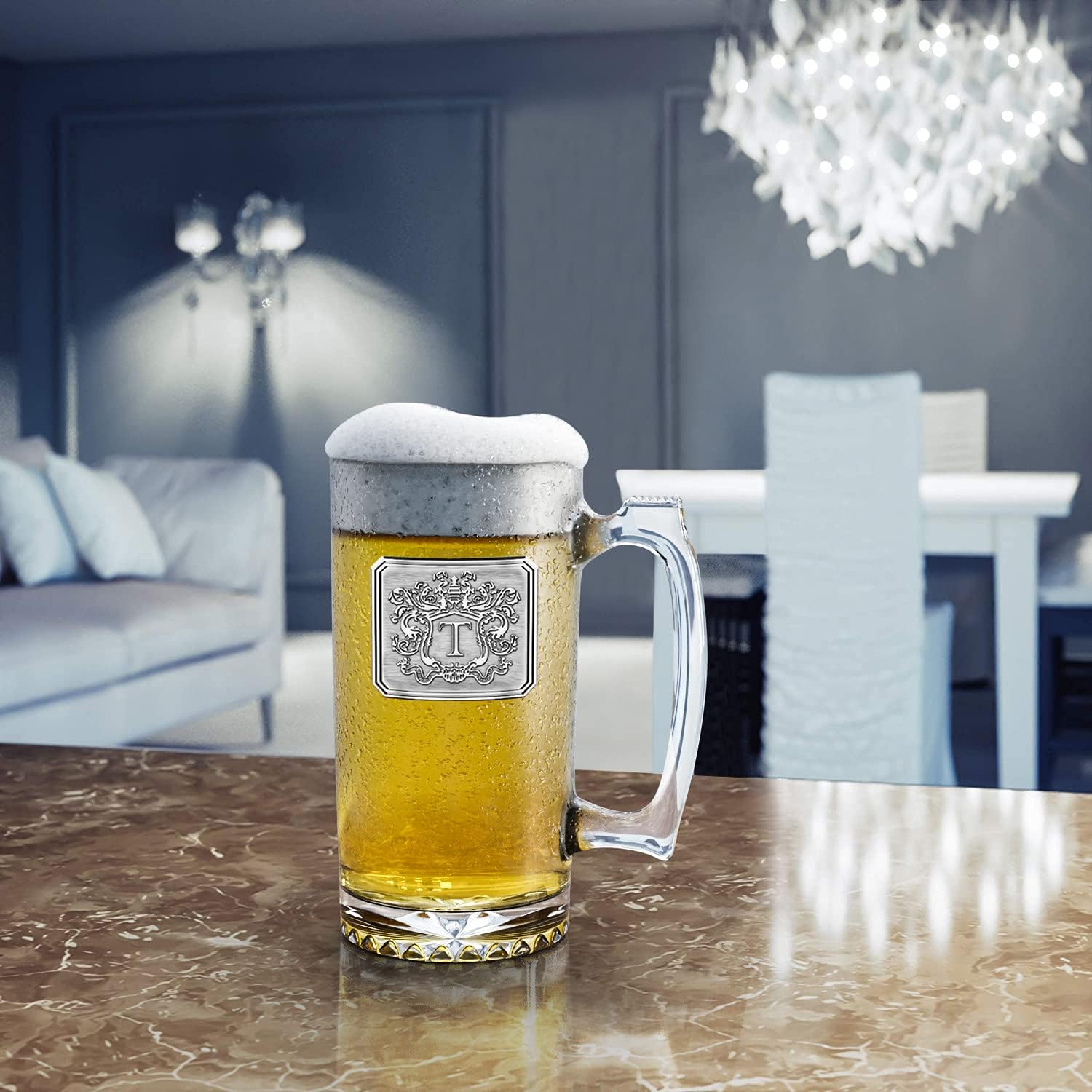 Fine Occasion Customized Beer Mug & Stein with Handle- Personalized Large Beer Glass Freezer Safe with Hand Crafted Pewter Monogram Initial Letter T(25 oz)