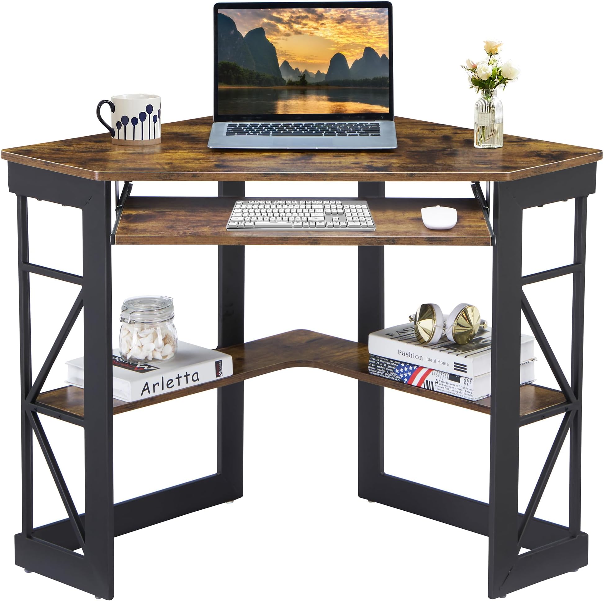 VECELO Corner Computer Desk 41 x 30 inches with Smooth Keyboard & Storage Shelves for Home Office Workstation, Antique Brown