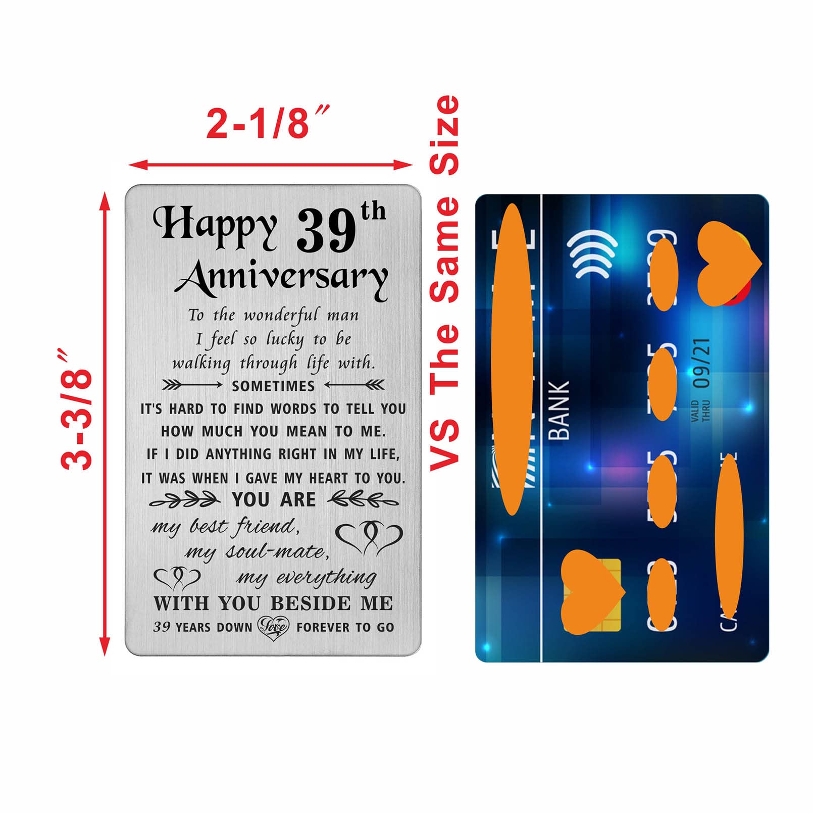 TANWIH 39th Anniversary Card for Husband - 39 Years Down Forever to Go - 39 Year Wedding Anniversary Card Gifts for Him Men, Engraved Metal Wallet Card