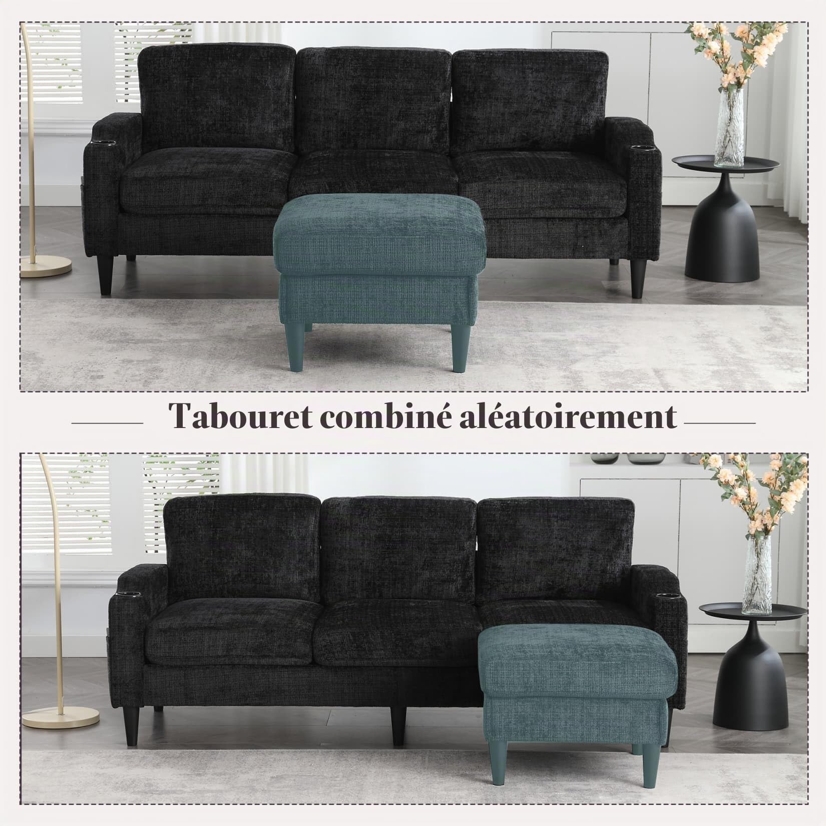 PUGSDRLY Canapé d'angle 4 Places avec Pouf de Rangement,Porte-gobelet,Poche Latérale,Canapé Modulable Moderne en Tissu Chenille,pour Salon,Chambre (Noir)