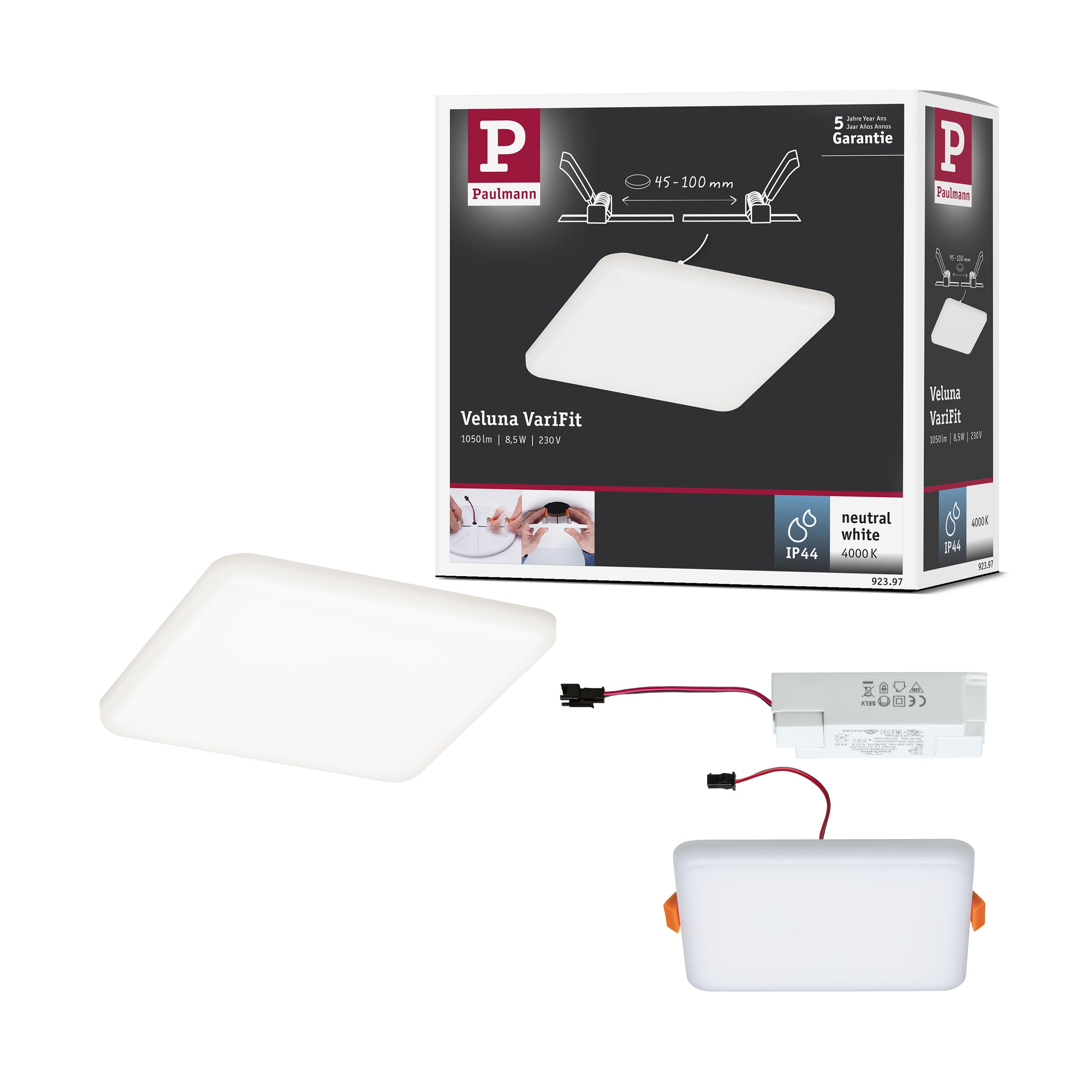 Paulmann 92397 LED Panel recessed luminaire Veluna VariFit IP44 Neutral White 125x125mm Rectangular incl. 1x8.5 watt Ceiling luminaire Satin Ceiling lamp Plastic Living Room lamp 4000 K