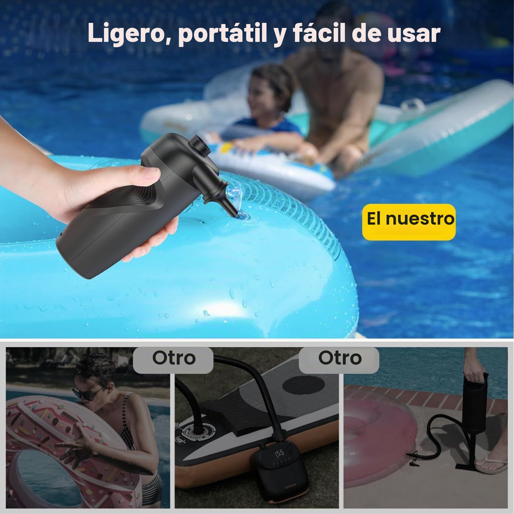 Bomba para Tabla de Paddle Surf, portátil, inalámbrica, pequeña, de 6, 2 x 6, 2 x 15, 4 cm, con Carga Tipo C, para Uso doméstico y Exterior.