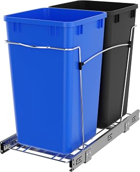 Rev-A-Shelf Pullout Trash Can for Kitchen Cabinets, Blue/Black Bin, 27 Qt | Large Capacity Garbage Recycling Waste Container, Heavy Gauge Metal Wire Construction, Full Extension Slides, RV-15KD-2218C-S